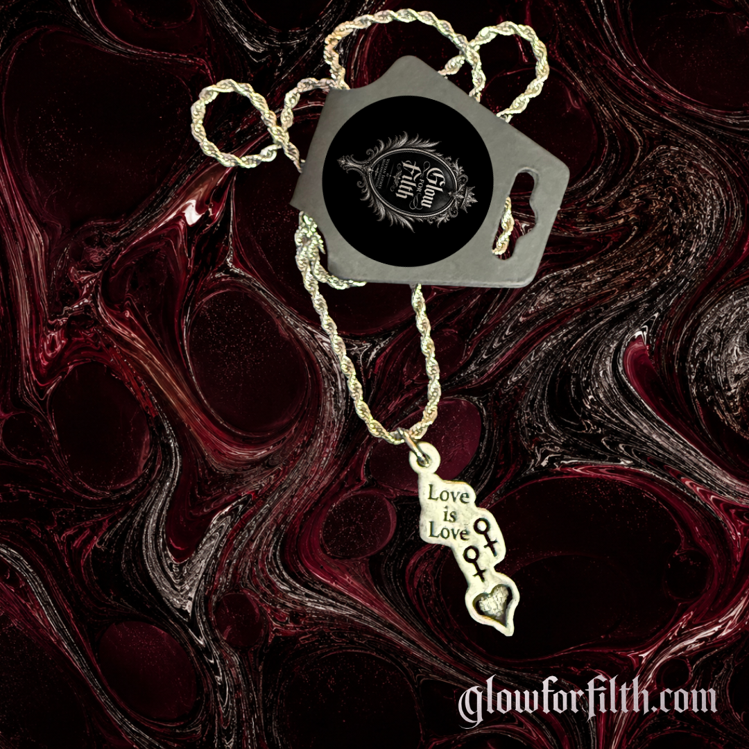 Silver-tone rope chain necklace featuring a lead-free pewter Love Is Love pendant with female-female symbols displayed on a gothic burgundy and black marbled background.
