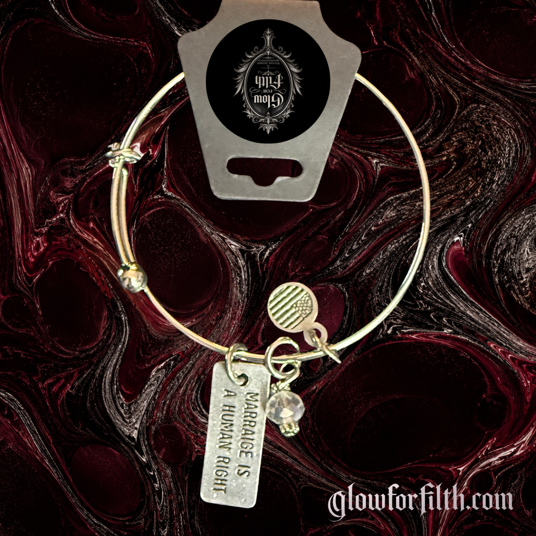 Silver-tone expandable bangle bracelet featuring a lead-free pewter Marriage Is a Human Right charm and faceted crystal accent displayed on a gothic burgundy and black marbled background.