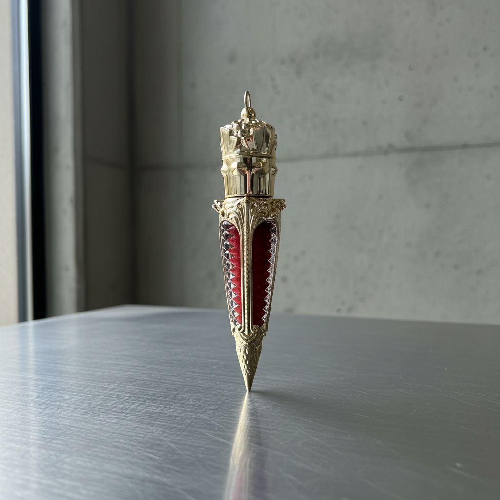 Alternative luxury lip gloss in gold gothic claw tube displayed against reflective metallic backdrop with dramatic lighting.