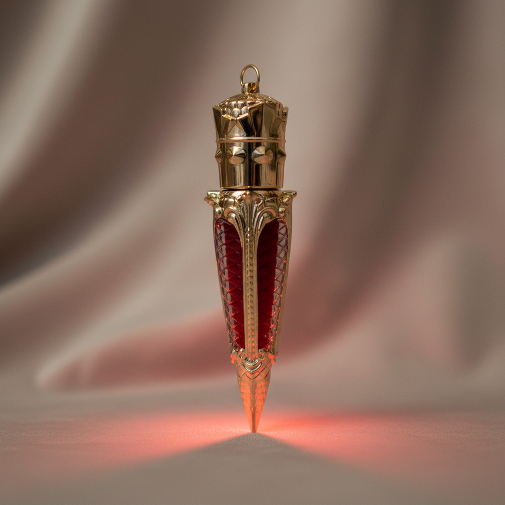 Deep crimson gothic lip gloss in decorative gold claw tube illuminated by soft red glow beneath the pointed tip.