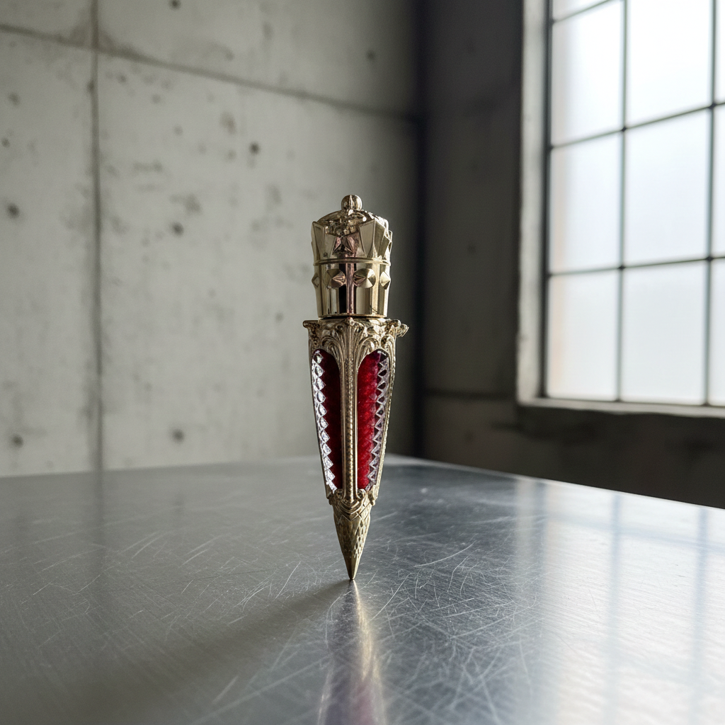 Modern gothic red lip gloss in ornate gold claw tube photographed with natural window lighting and reflective metal surface.