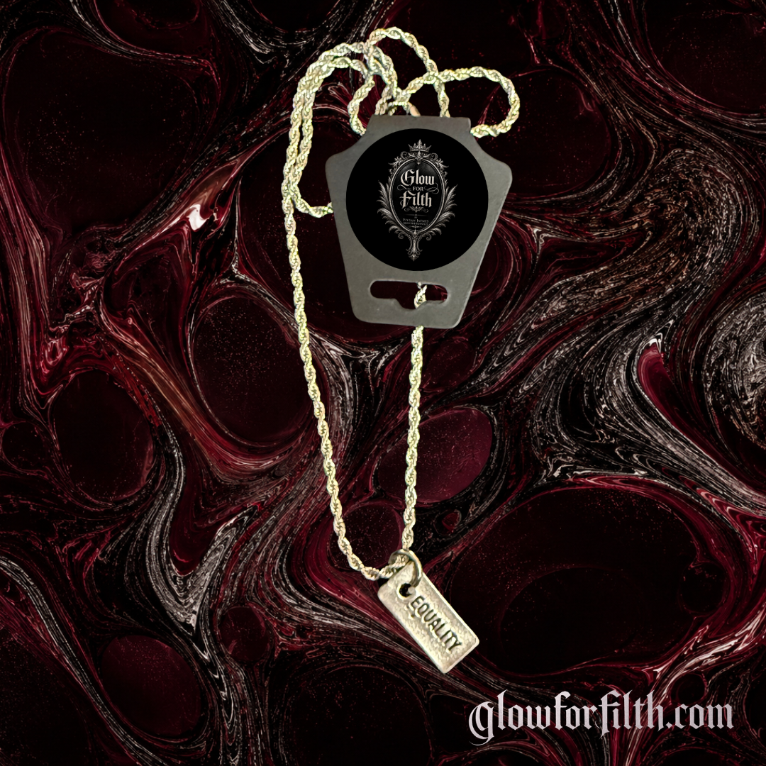 Silver-tone rope chain necklace featuring a lead-free pewter Equality pendant displayed on a burgundy and black gothic marbled background.