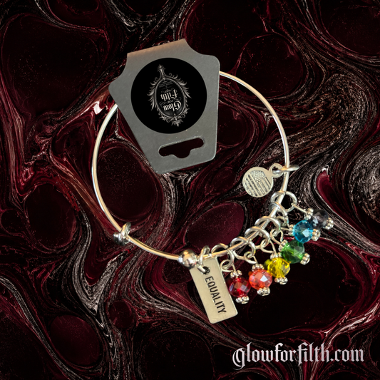 Silver-tone adjustable bracelet featuring a lead-free pewter Equality charm accented with rainbow crystal dangles displayed on a gothic burgundy and black marbled background.