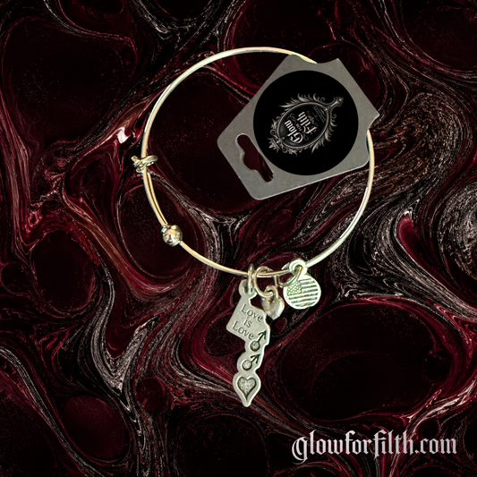Silver-tone expandable bangle bracelet featuring a lead-free pewter Love Is Love charm with male-male symbols and a heart accent displayed on a gothic burgundy and black marbled background.